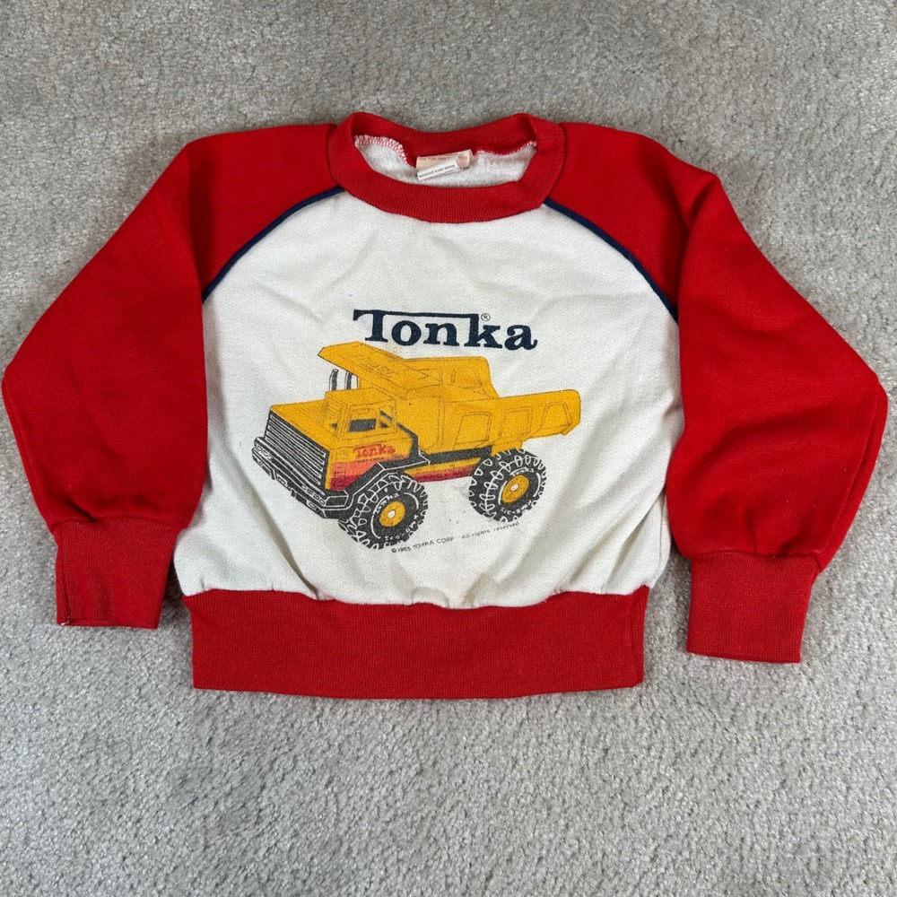 Vintage Tonka Sweatshirt Kids 4T Red White 1985 Raglan Dump Truck Graphic USA
